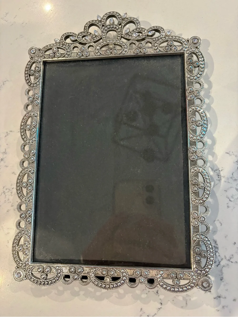 Vintage Ornate Silver Rhinestone Filigree 5x7 Picture Frame Velvet Back